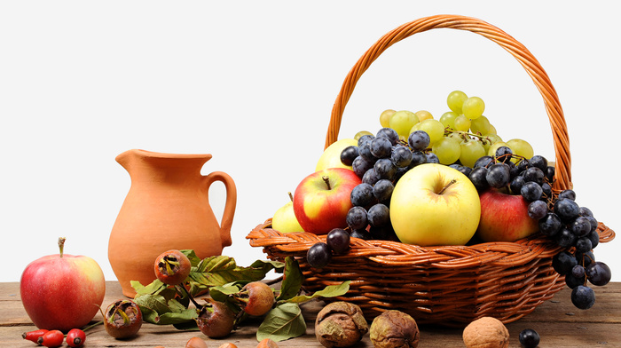 basket, grapes, fruits, apples, delicious