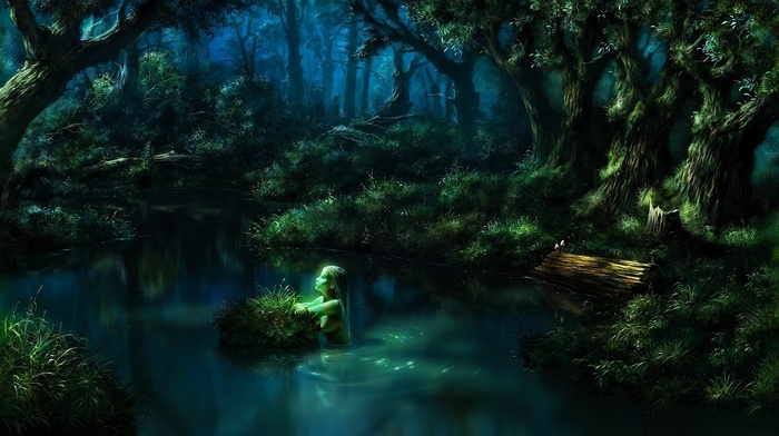 water, forest, art, 3D, girl, pond, lake