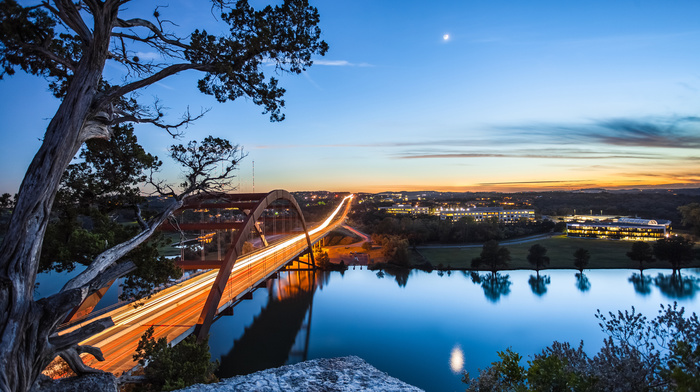 USA, bridge, nature, moon, river, evening