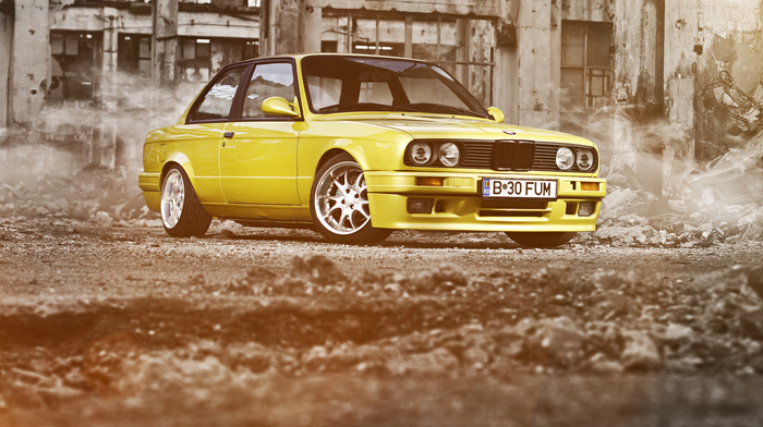 cars, ruin, BMW, bmw, yellow