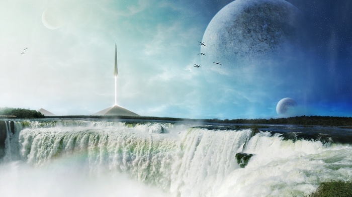 planets, waterfall, art, 3D, ship