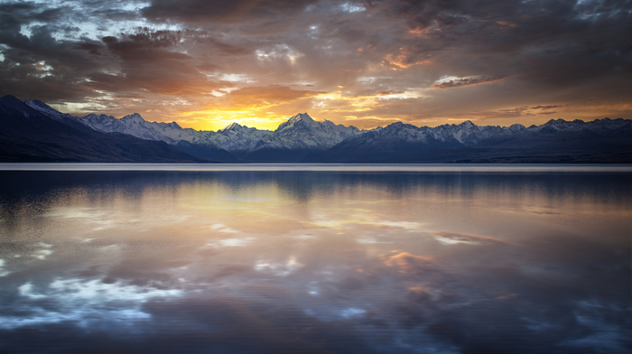 rocks, nature, reflection, mountain, sunset, lake