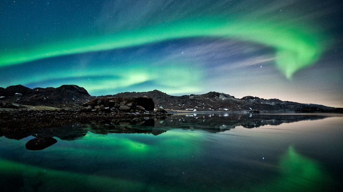 rocks, mountain, sky, night, sea, nature