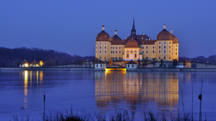 castle, lights, evening, Germany, light, cities