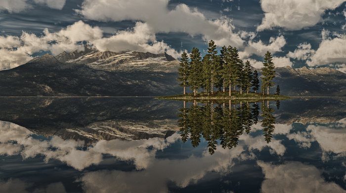 island, mountain, rocks, reflection, 3D, lake, trees, art