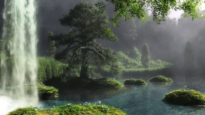 river, art, tree, landscape, waterfall, 3D, nature