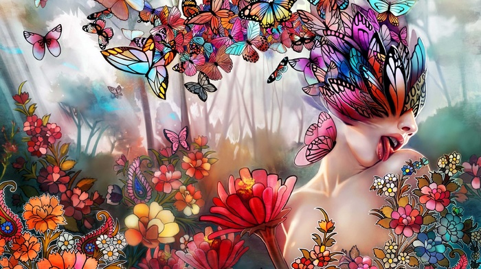 art, girl, flowers, 3D