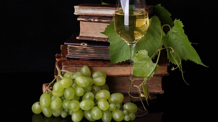 grapes, wine, table, books, delicious, wineglass