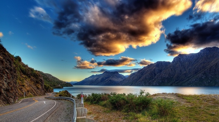 mountain, lake, road, nature