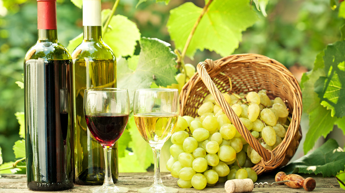 stemware, twigs, grapes, delicious, leaves, basket, wine
