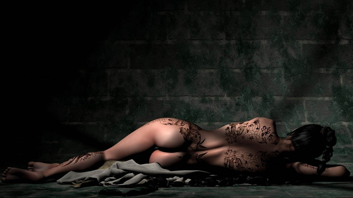 pose, lies, 3D, girl, tattoos, wall