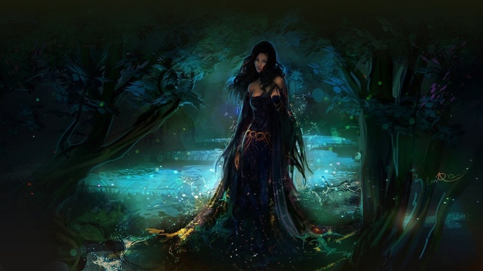 fantasy, water, forest, girl, drops, art