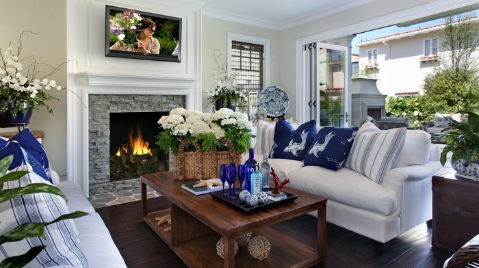fireplace, flowers, pillows, interior