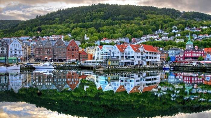 berth, cities, reflection, houses, Norway, river