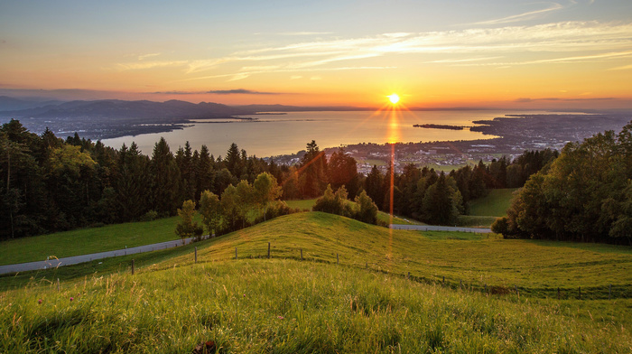 sky, grass, landscape, nature, Sun, road, greenery