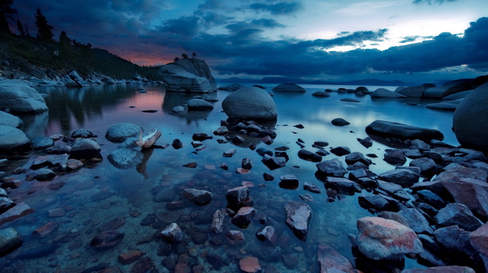stones, landscape, lake, nature, night