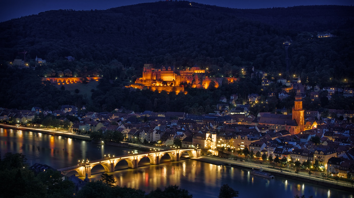 Germany, bridge, cities, lights, night