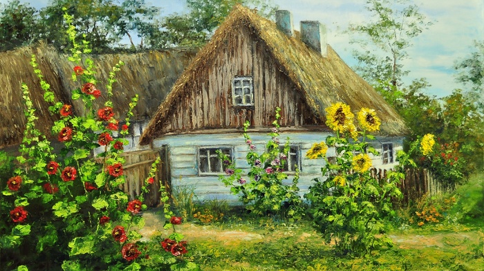 summer, village, greenery, flowers, stunner, house