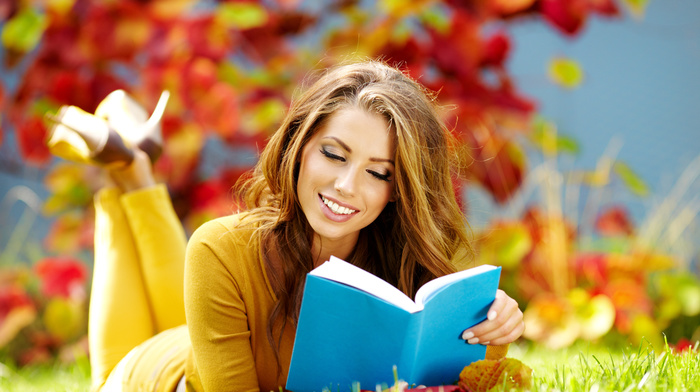 haired, book, grass, autumn, girl, girls, smiling