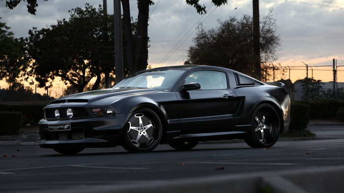 road, cars, trees, sky, mustang, sunset, automobile, Ford, wheels, tuning
