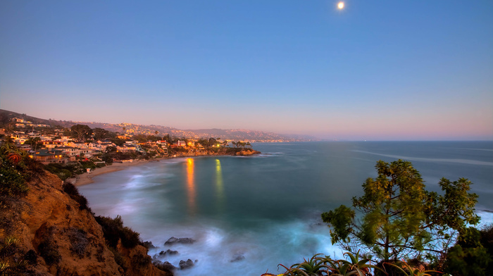 lights, ocean, moon, nature