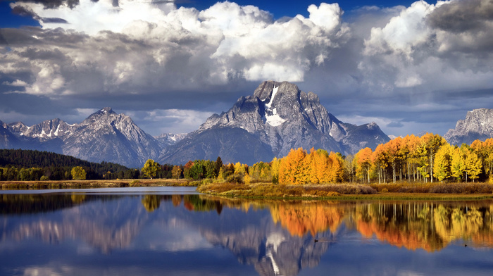 lake, river, forest, autumn, mountain, clouds, sky