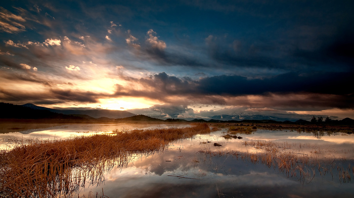mountain, clouds, sky, lake, nature