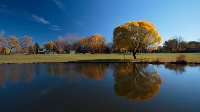 sky, river, reflection, autumn, tree