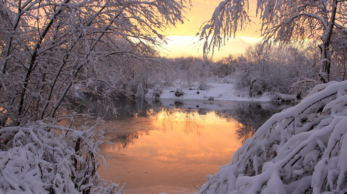 sunset, winter, nature, snow