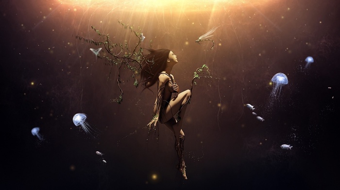 twigs, underwater, tree, girl, 3D, art