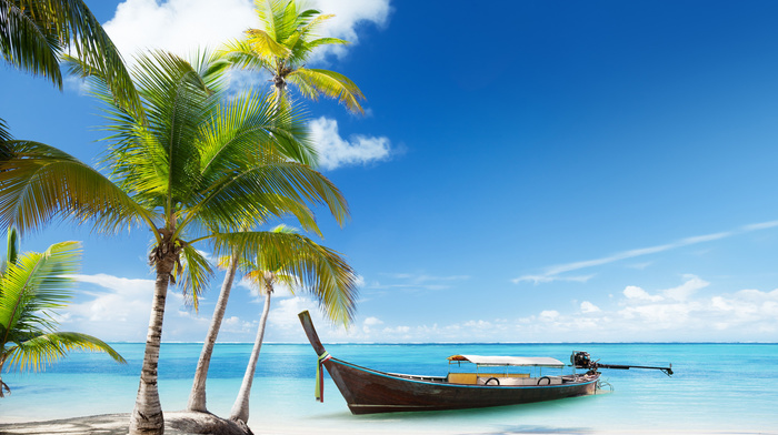 tropics, nature, sea, sand, clouds, palm trees, boat