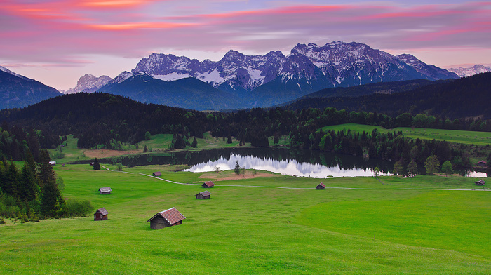 nature, Germany, Alps, forest, houses, mountain, grass