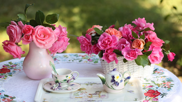 cup, roses, flowers