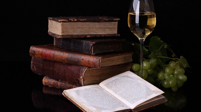 grapes, reflection, books, delicious, wineglass, wine