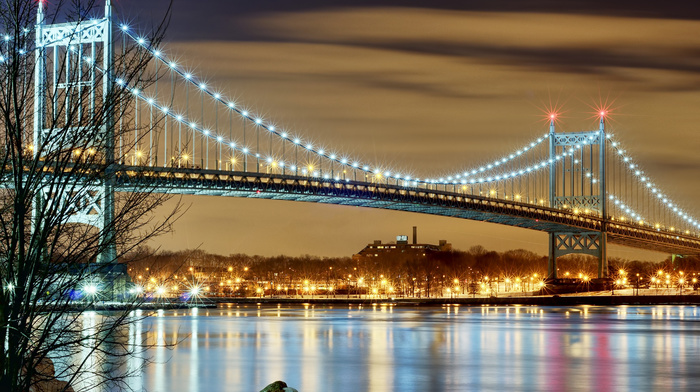 evening, city, cities, lights, USA, bridge, New York City