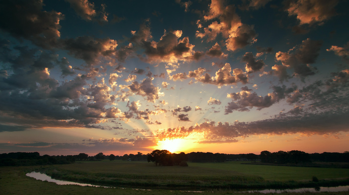 river, sunset, trees, field, sky, Sun, nature, clouds