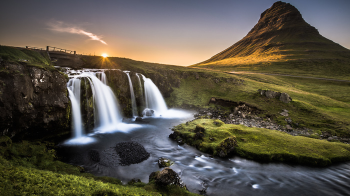 nature, bridge, waterfall, stones