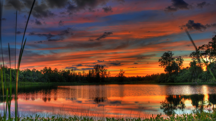 clouds, water, sunset, sky, landscape, nature, trees, lake
