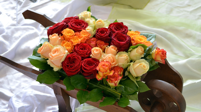 flowers, bouquet, yellow, roses, red, white
