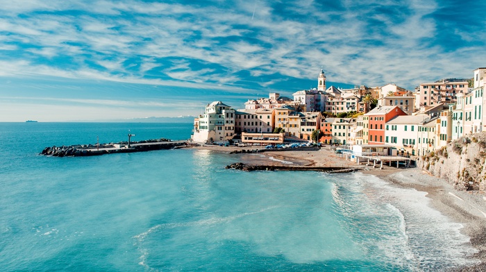 sea, ocean, Italy, houses, water, clouds, nature, sky