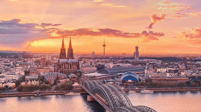 bridge, river, city, Germany, sky, cities, sunset