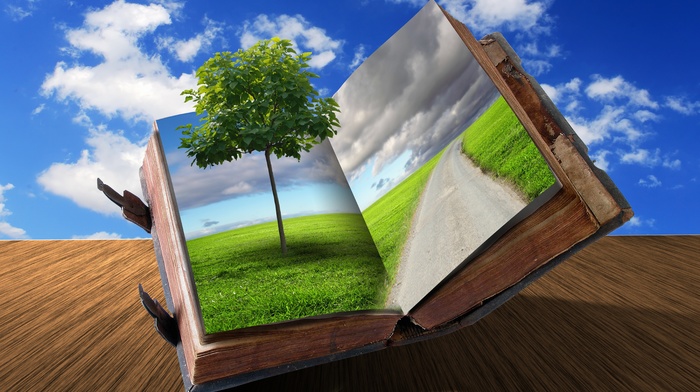 road, creative, stunner, clouds, book, tree, grass