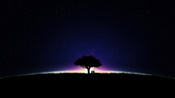 tree, stars, minimalism, night, sky