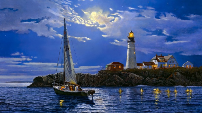 lighthouse, yacht, landscape, art, nature, sea