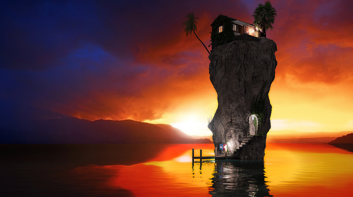 house, ocean, 3D, evening, render, rock