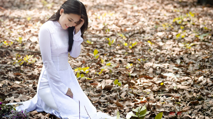 girls, brunette, leaves, girl, forest, nature