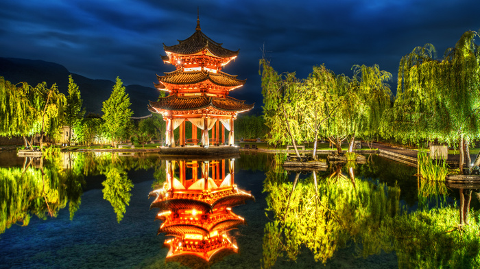 park, China, nature, trees, pond, reflection