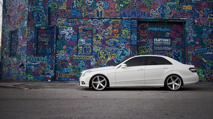 Mercedes, tuning, cars, white, graffiti
