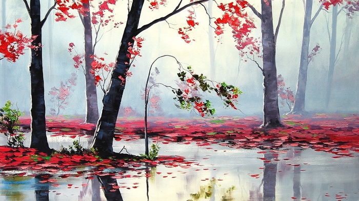 red, trees, reflection, autumn, river, leaves, stunner