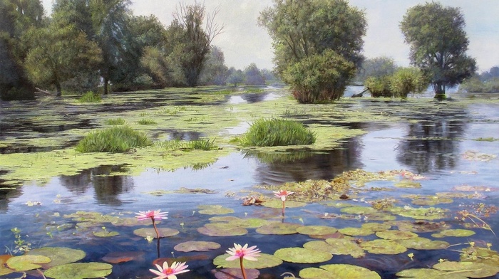pond, reflection, stunner, painting, landscape, water, lake, flowers, trees